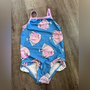 Carter’s Baby Girl Fish Print One-Piece Swimsuit Pink Blue 18M EUC